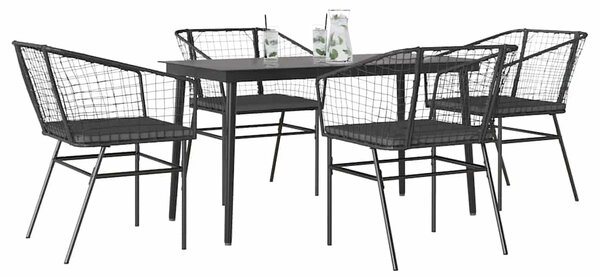 5 részes fekete polyrattan üveg kerti étkezőgarnitúra párnákkal