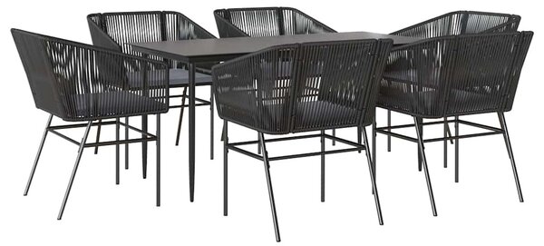 7 részes fekete polyrattan üveg kerti étkezőgarnitúra párnákkal