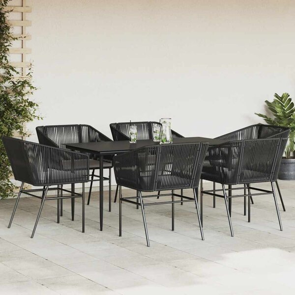 7 részes fekete polyrattan üveg kerti étkezőgarnitúra párnákkal