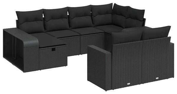 10 részes fekete polyrattan kerti ülőgarnitúra párnákkal