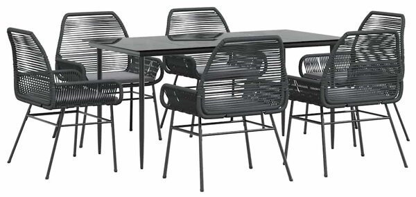7 részes fekete polyrattan üveg kerti étkezőgarnitúra párnákkal