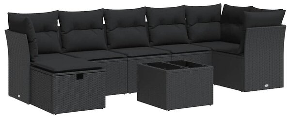 8 részes fekete polyrattan kerti ülőgarnitúra párnákkal