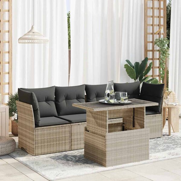 5 részes világosszürke polyrattan kerti ülőgarnitúra párnákkal
