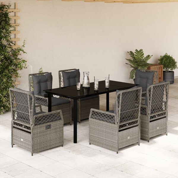 7 részes világosszürke polyrattan kerti étkezőszett párnával