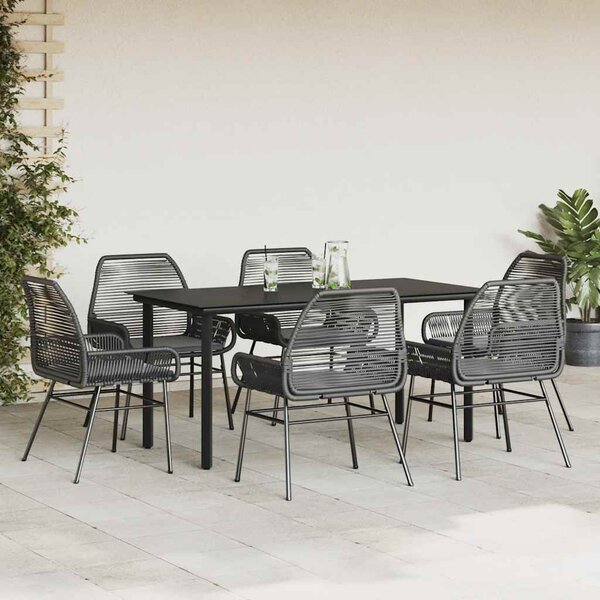 7 részes fekete polyrattan üveg kerti étkezőgarnitúra párnákkal