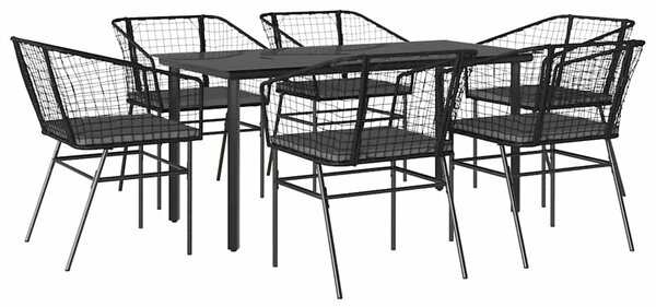 7 részes fekete polyrattan üveg kerti étkezőgarnitúra párnákkal