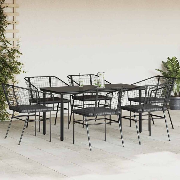 7 részes fekete polyrattan üveg kerti étkezőgarnitúra párnákkal
