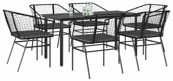 7 részes fekete polyrattan üveg kerti étkezőgarnitúra párnákkal