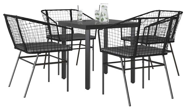 5 részes fekete polyrattan üveg kerti étkezőgarnitúra párnákkal