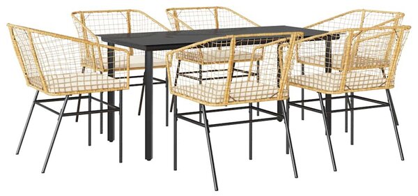 7 észes barna polyrattan üveg kerti étkezőgarnitúra párnával
