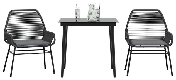 3 részes fekete polyrattan üveg kerti étkezőgarnitúra párnákkal