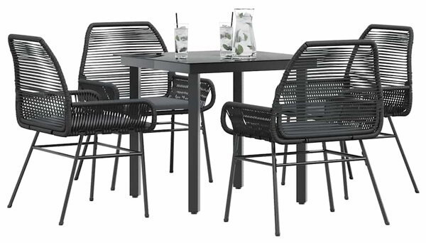 5 részes fekete polyrattan üveg kerti étkezőgarnitúra párnákkal