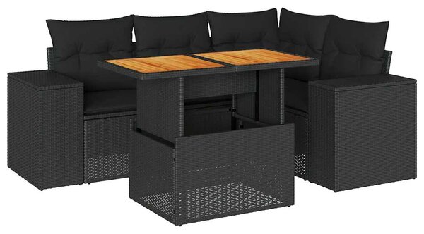 5 részes fekete polyrattan kerti kanapészett párnákkal