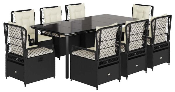 9 részes fekete polyrattan kerti étkezőgarnitúra párnákkal