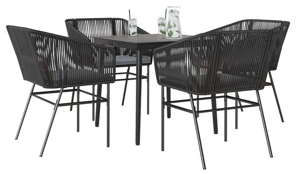 5 részes fekete polyrattan üveg kerti étkezőgarnitúra párnákkal