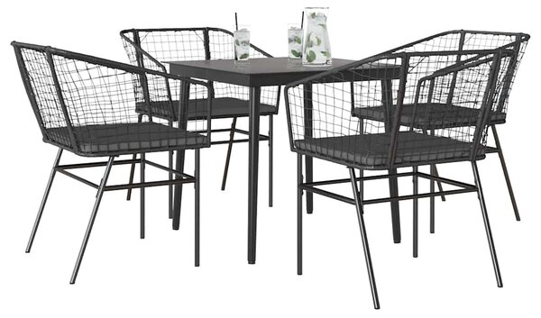 5 részes fekete polyrattan üveg kerti étkezőgarnitúra párnákkal