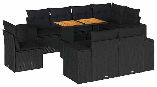 9 részes fekete polyrattan kerti ülőgarnitúra párnákkal