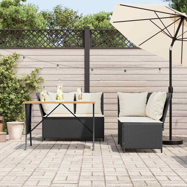 3 részes fekete polyrattan kerti ülőgarnitúra párnával