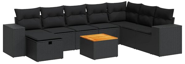 9 részes fekete polyrattan kerti ülőgarnitúra párnákkal