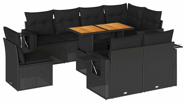 9 részes fekete polyrattan kerti ülőgarnitúra párnákkal