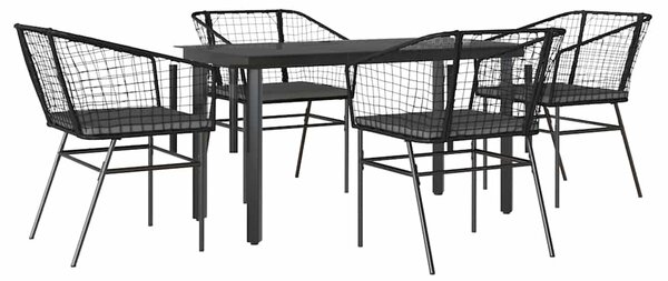5 részes fekete polyrattan üveg kerti étkezőgarnitúra párnákkal