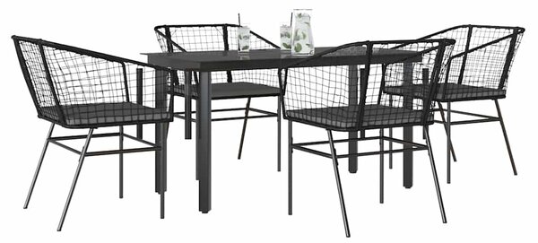 5 részes fekete polyrattan üveg kerti étkezőgarnitúra párnákkal