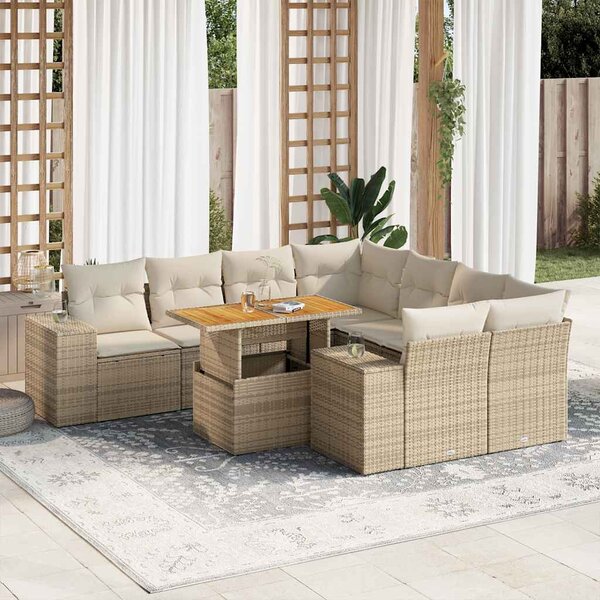 9 részes bézs polyrattan kerti ülőgarnitúra párnákkal