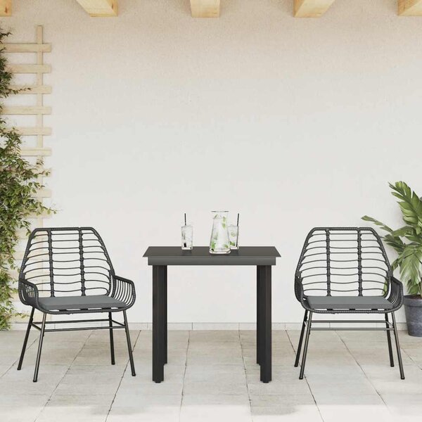 3 részes fekete polyrattan üveg kerti étkezőgarnitúra párnákkal
