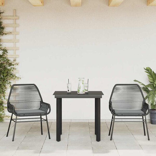 3 részes fekete polyrattan üveg kerti étkezőgarnitúra párnákkal
