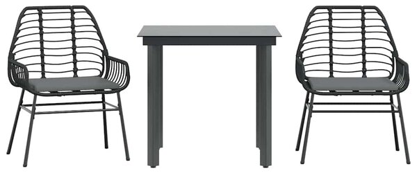 3 részes fekete polyrattan üveg kerti étkezőgarnitúra párnákkal