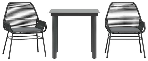 3 részes fekete polyrattan üveg kerti étkezőgarnitúra párnákkal
