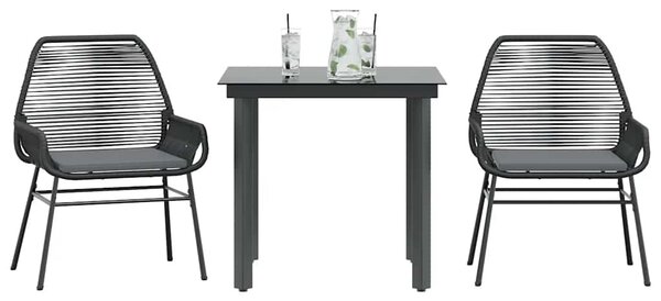 3 részes fekete polyrattan üveg kerti étkezőgarnitúra párnákkal