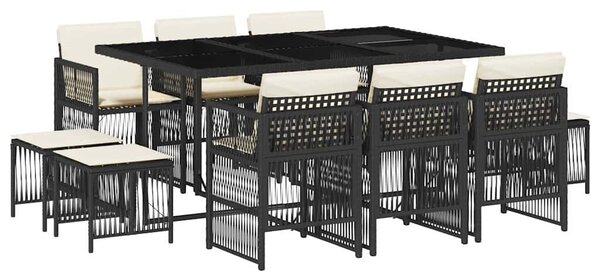 11 részes fekete polyrattan kerti étkezőgarnitúra párnákkal