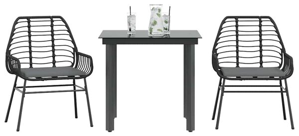 3 részes fekete polyrattan üveg kerti étkezőgarnitúra párnákkal