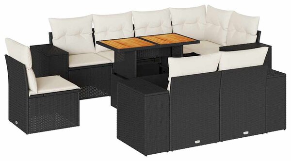 9 részes fekete polyrattan kerti ülőgarnitúra párnákkal
