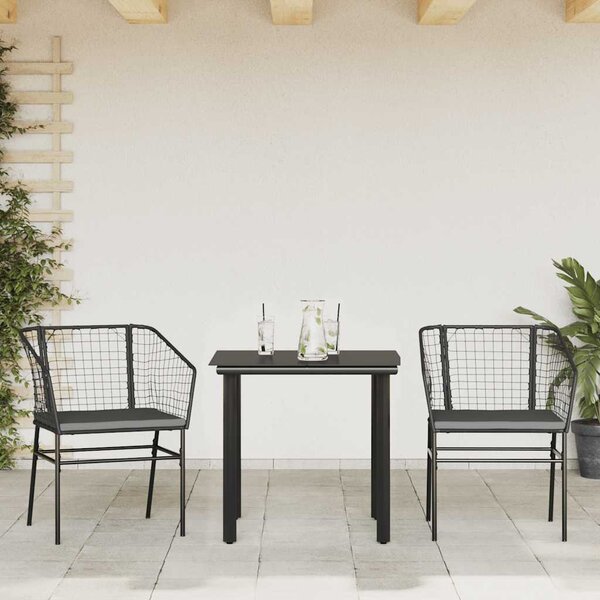 3 részes fekete polyrattan üveg kerti étkezőgarnitúra párnákkal