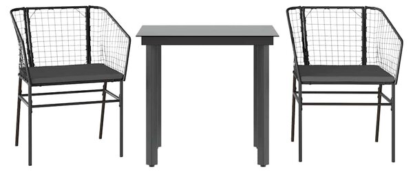 3 részes fekete polyrattan üveg kerti étkezőgarnitúra párnákkal