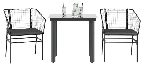 3 részes fekete polyrattan üveg kerti étkezőgarnitúra párnákkal