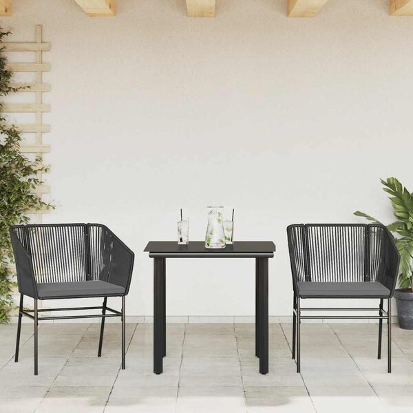 3 részes fekete polyrattan üveg kerti étkezőgarnitúra párnákkal