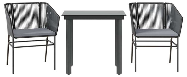 3 részes fekete polyrattan üveg kerti étkezőgarnitúra párnákkal