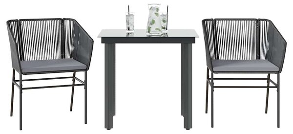 3 részes fekete polyrattan üveg kerti étkezőgarnitúra párnákkal