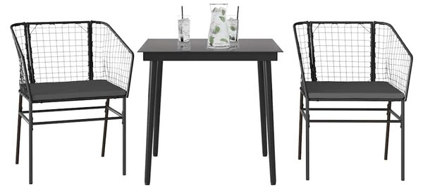 3 részes fekete polyrattan üveg kerti étkezőgarnitúra párnákkal