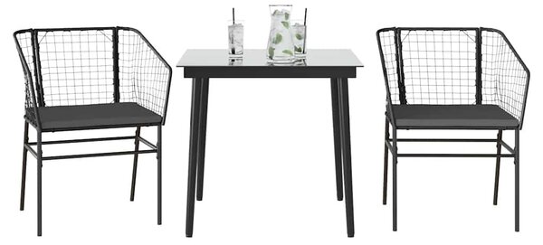 3 részes fekete polyrattan üveg kerti étkezőgarnitúra párnákkal