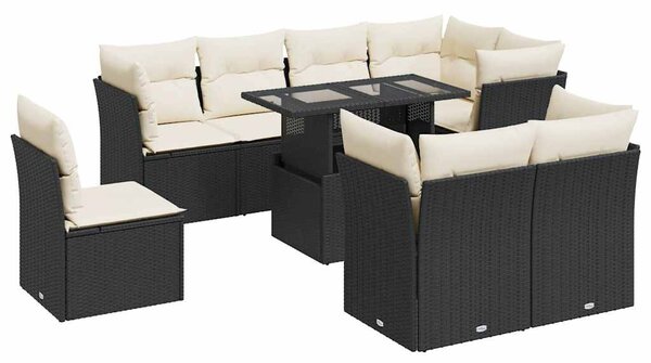 9 részes fekete polyrattan kerti ülőgarnitúra párnákkal