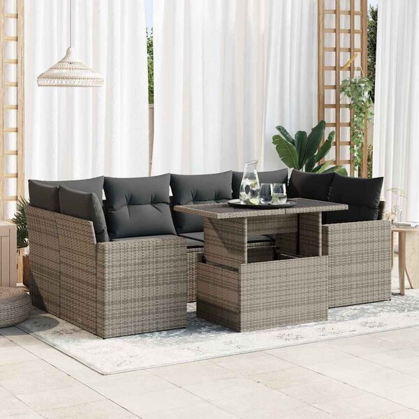 7 részes szürke polyrattan kerti ülőgarnitúra párnákkal