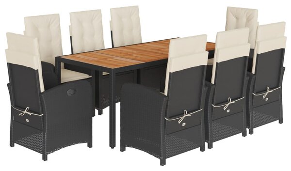 9 részes fekete polyrattan kerti étkezőgarnitúra párnákkal