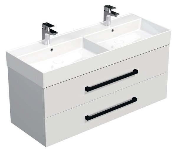 Fürdőszobaszekrény fekete fogantyúval és mosdókagylóval SAT Cube Way 120x47,5x46 cm fehér fényes CUBE46C1202BISAT