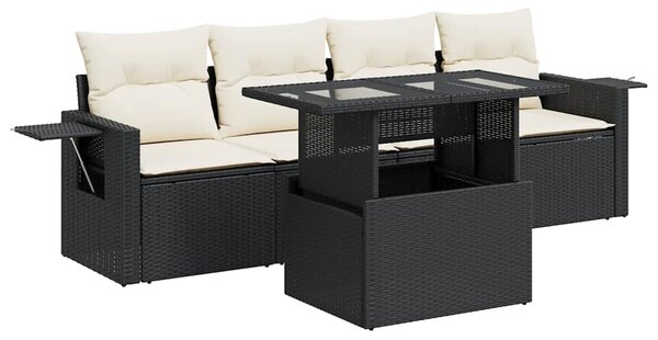 5 részes fekete polyrattan kerti kanapészett párnákkal