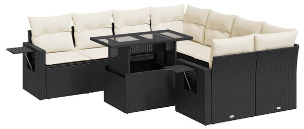 9 részes fekete polyrattan kerti ülőgarnitúra párnákkal