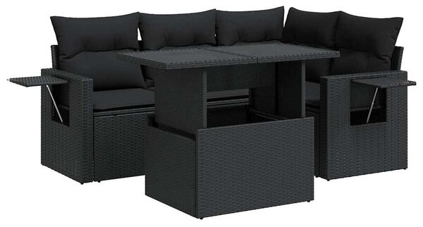 5 részes fekete polyrattan kerti kanapészett párnákkal